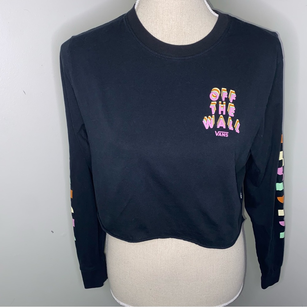 Vans Off The Wall graphic black long sleeve crop raw hem tee shirt size XS